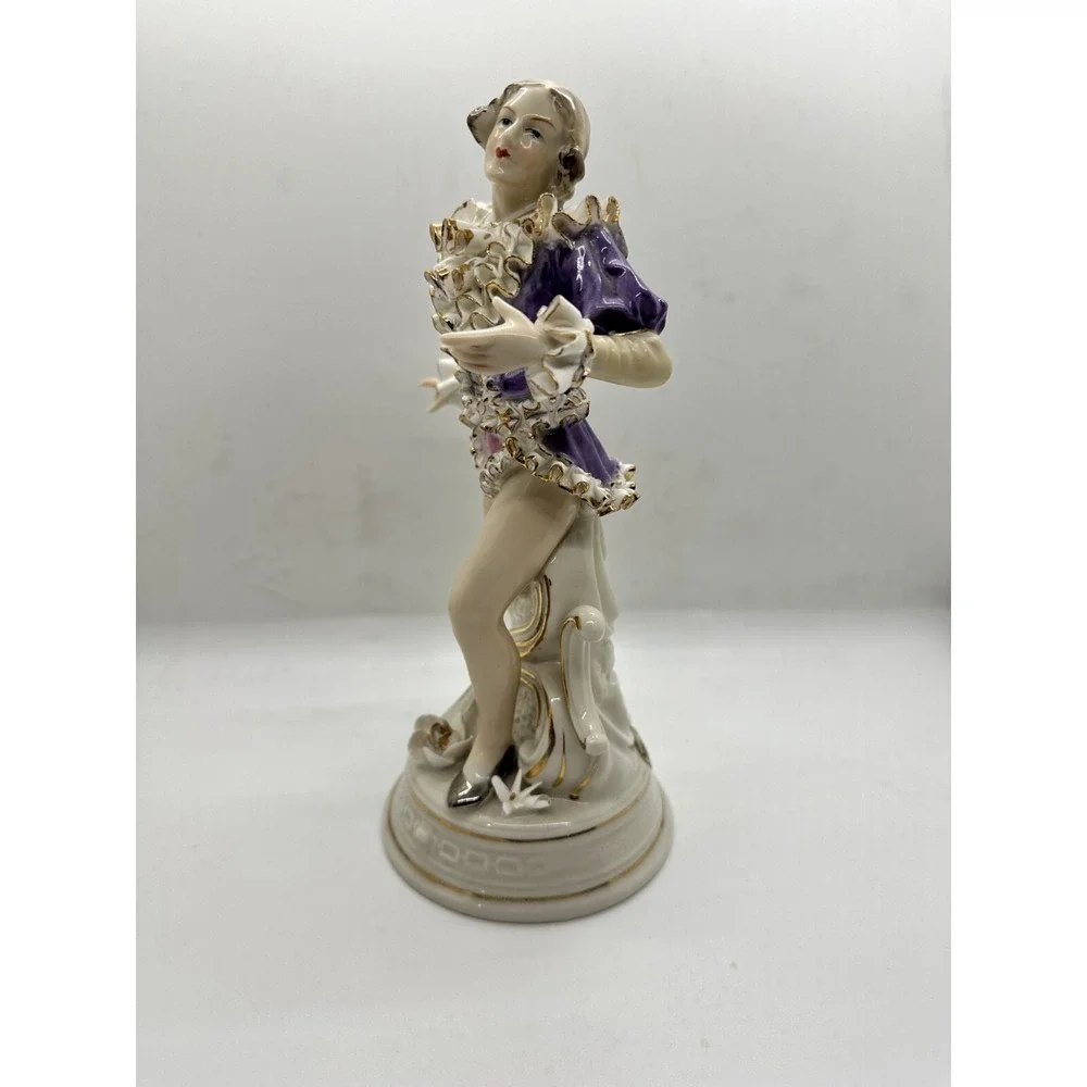 Vintage Porcelain Victorian Style Dancing Lady Figurine Ruffle Gold‎ Trim Dress
